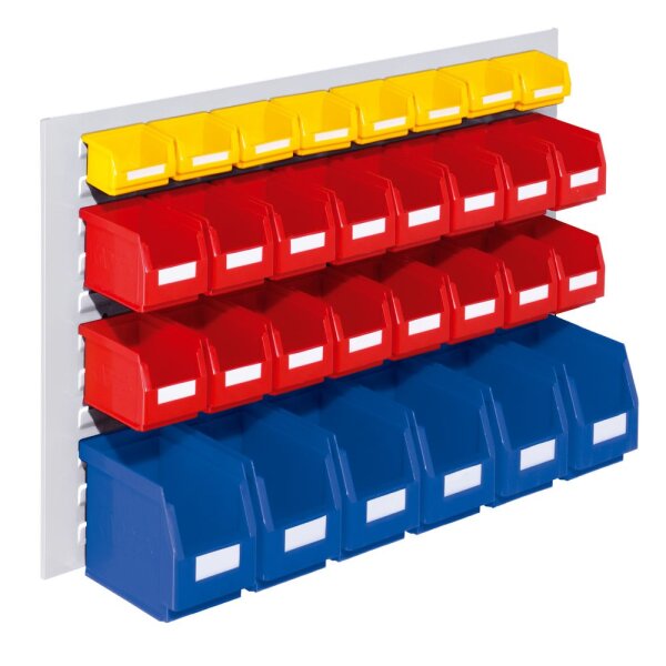 ®RasterPlan Schlitzplatten Einsteigerset 3 RAL 7035. 1 x Schlitzplatte H 450 x B 1000 mm 6 x Lagersichtkästen Größe 6 16 x Lagersichtkästen Größe 7 8 x Lagersichtkästen Größe 8.