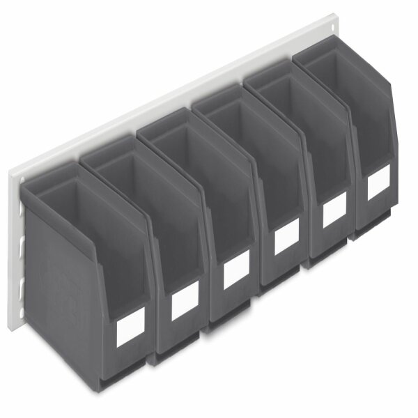 ®RasterPlan Wandschiene Schlitzplatte Set 11 L 920 mm x H 140 mm RAL 7035. 6 x Lagersichtkästen Größe 5.