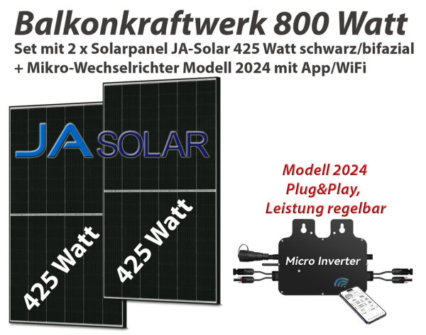 Balkonkraftwerk 800 Watt Komplettset Mikrowechselrichter + 2x Solarpanel JA SOLAR 425 Watt, bifazial, schwarze Rahmen 0% MwSt