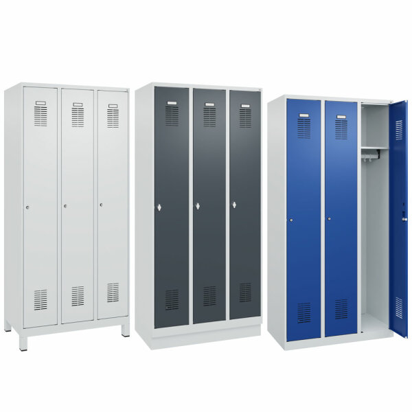 C+P Spind/Garderobenschrank Basis PLUS, 3 Abteile, 1850/1950 x 900 x 500 mm (HxBxT) RAL 7035 lichtgrau-RAL 7016 anthrazitgrau-Zylinderschloss-Sockel