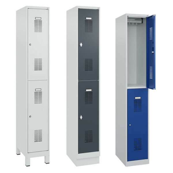 C+P Spind/Garderobenschrank Basis PLUS, 1 Abteil, doppelstöckig 1850/1950 x 300 x 500 mm (HxBxT) RAL 7035 lichtgrau-RAL 7016 anthrazitgrau-Zylinderschloss-Füße