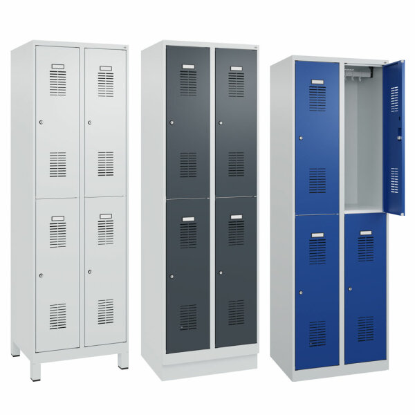 C+P Spind/Garderobenschrank Basis PLUS, 2 Abteile, doppelstöckig 1850/1950 x 600 x 500 mm (HxBxT) RAL 7035 lichtgrau-RAL 5010 enzianblau-Zylinderschloss-Füße