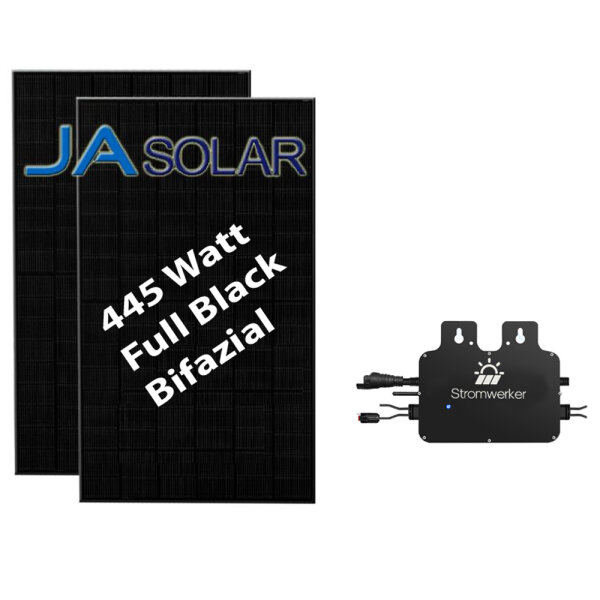 Balkonkraftwerk 800 Watt Komplettset Mikrowechselrichter + 2x Solarpanel JA SOLAR 445 Watt, bifazial, Full Black 0% MwSt