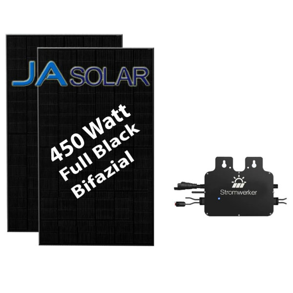 Balkonkraftwerk 800 Watt Komplettset Mikrowechselrichter + 2x Solarpanel JA SOLAR 450 Watt, bifazial, Full Black 0% MwSt