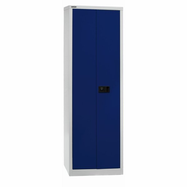 Bisley Flügeltürenschrank Universal, 4 Fachböden, 5 OH, B 600 mm, Farbe Korpus lichtgrau, Türen oxfordblau