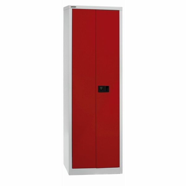 Bisley Flügeltürenschrank Universal, 4 Fachböden, 5 OH, B 600 mm, Farbe Korpus lichtgrau, Türen kardinalrot