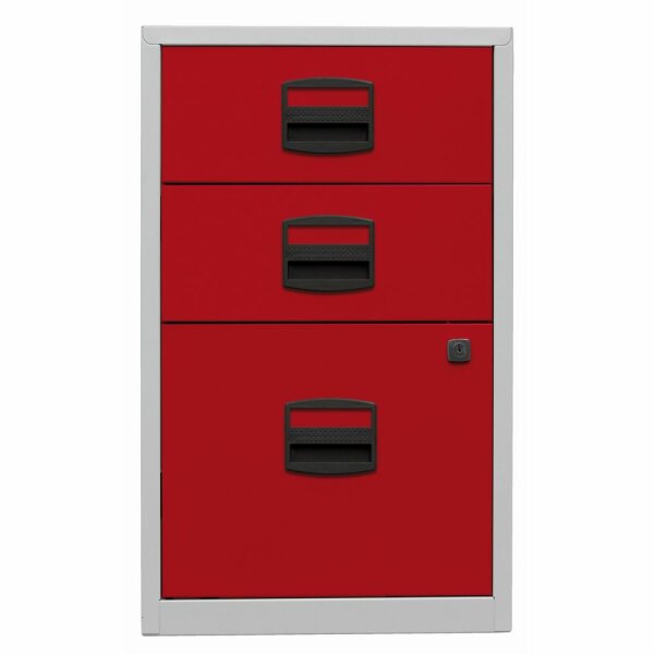 Beistellschrank PFA, 2 Universalschubladen, 1 HR-Schublade, Farbe Korpus lichtgrau, Fronten kardinalrot