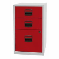 Beistellschrank PFA, 2 Universalschubladen, 1 HR-Schublade, Farbe Korpus lichtgrau, Fronten kardinalrot