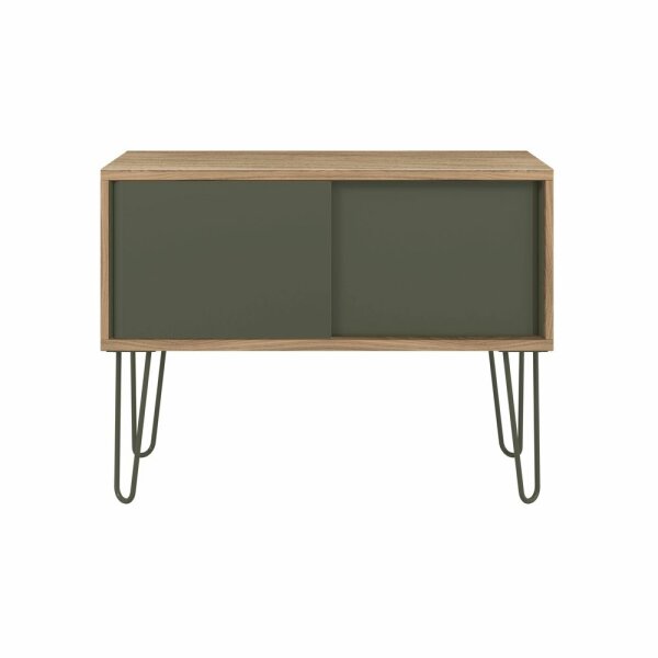 MultiRange Sideboard, Nussbaum, Schiebetüren aus Stahl, 4 Stahlfüße, Maße: H 752 x B 1000 x T 450 mm, Farbe: nussbaum/olivgrün