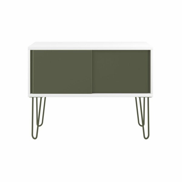 MultiRange Sideboard, weiß, Schiebetüren aus Stahl, 4 Stahlfüße, Maße: H 752 x B 1000 x T 450 mm, Farbe: weiß/olivgrün