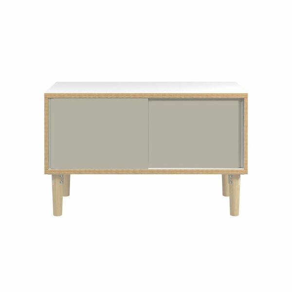 Poise Sideboard, Plywood, Schiebetüren in lichtgrau, 4 Füße aus Eiche, H 621 x B 1000 x 450 mm