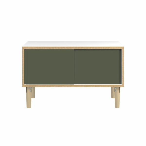 Poise Sideboard, Plywood, Schiebetüren in olivgrün, 4 Füße aus Eiche, H 621 x B 1000 x 450 mm